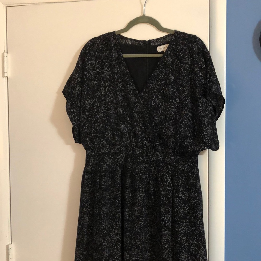 Piper & Scoot Black Midi Dress with White Ditsy Dot Pattern and Wrap Bodice